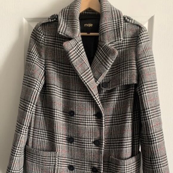 Very warm, long Prince of Wales style coat by Maje, size T1 (36) | US size 4 - Picture 1 of 5
